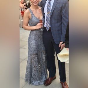 Gorgeous silver thick lace evening gown